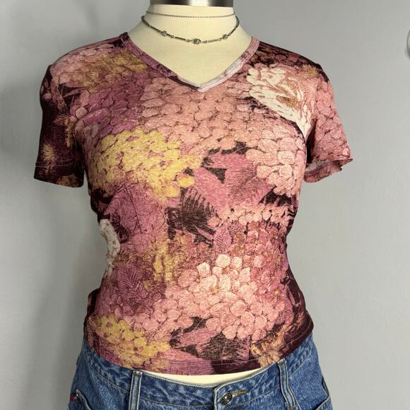 Y2k Mesh Sheer Baby Tee T-Shirt Floral V-Neck Large Karen Kane - Picture 2 of 7